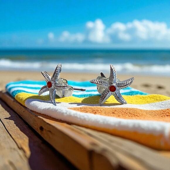 Avon Silvertone Coral Colored Center Starfish Pair Earrings Beachy Tropical Sea - Picture 1 of 7